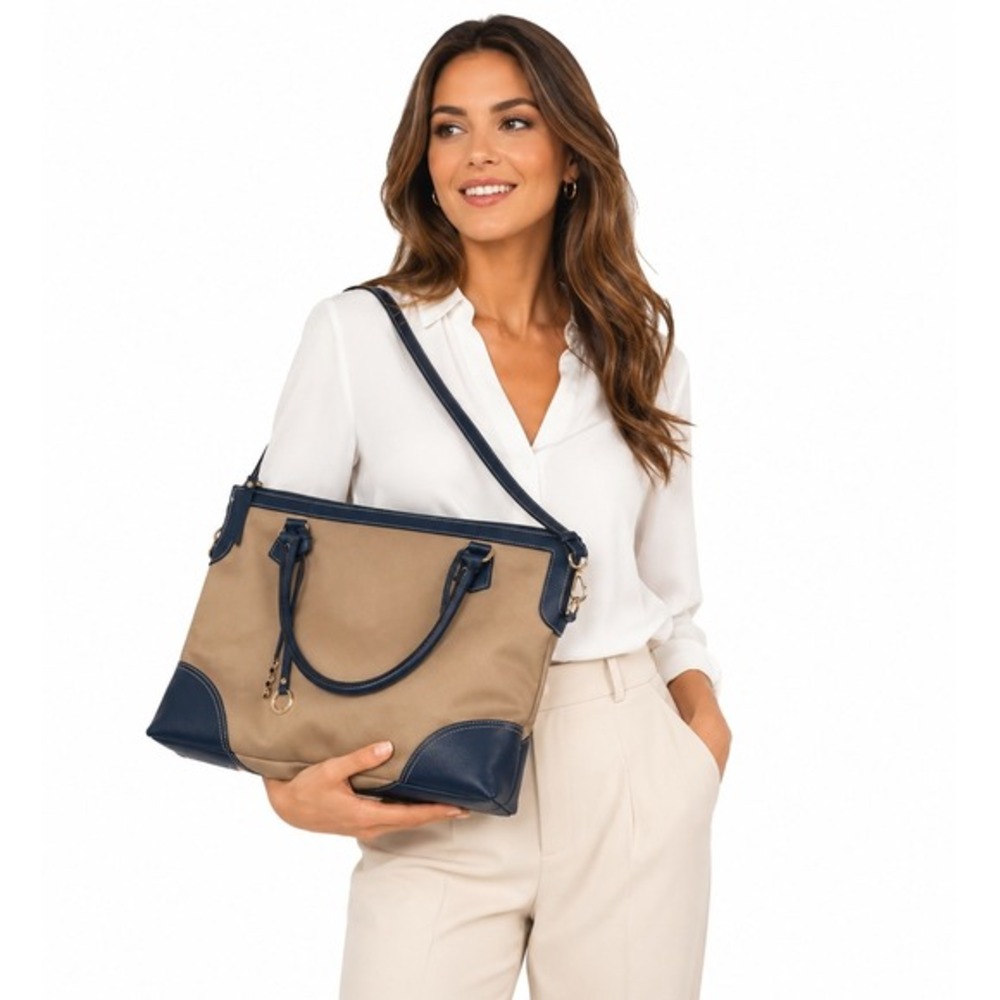 Asia Bellucci Blue Tan Leather Tote Crossbody Handbag Dust Bag Italy Chic 29-11